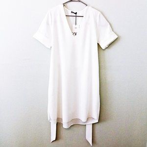 NEW Zara Oyster White Textured Belted Dress